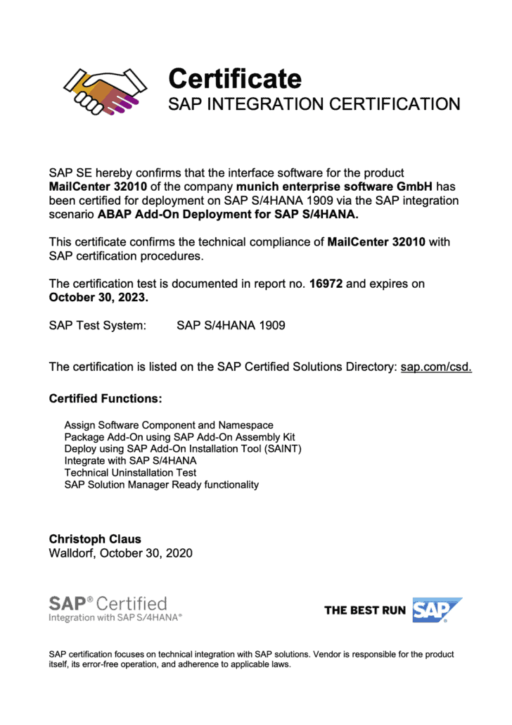 SAP Partner Certificate MailCenter  