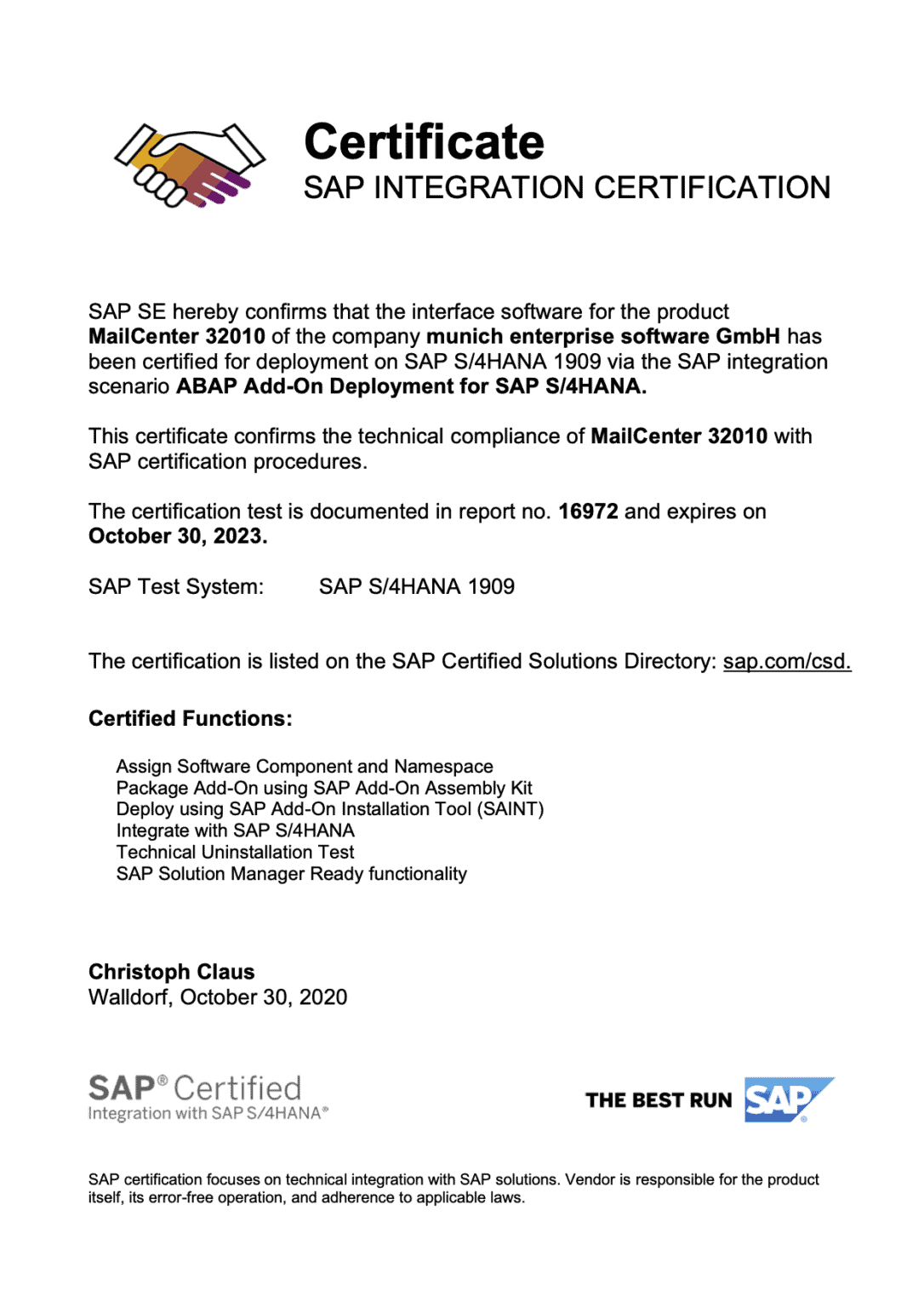 SAP Certification MailCenter for ECC and S/4HANA