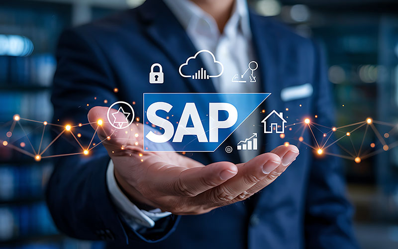 Geschäftsmann präsentiert SAP-Schwerpunkte mit Symbolen für Cloud, Sicherheit, S/4HANA, Nachhaltigkeit und Business AI