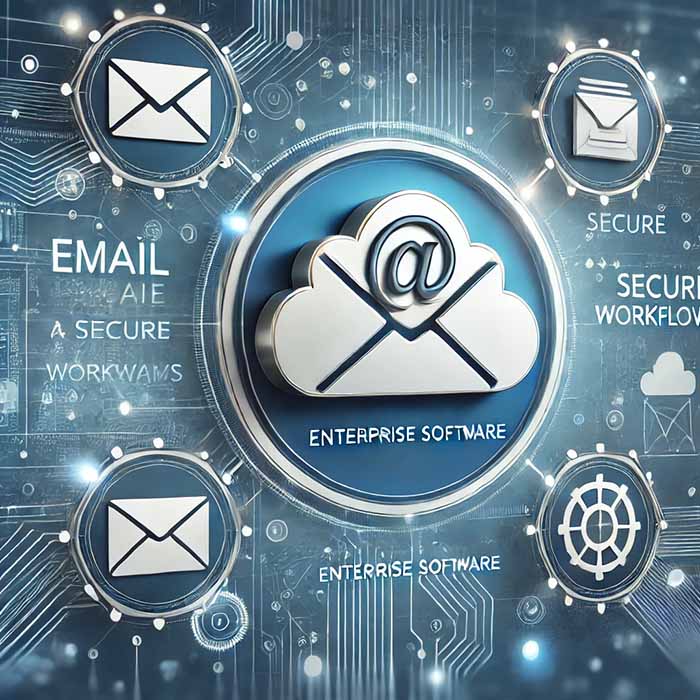 Icon graphic with cloud email icons and security icons to represent secure email communication and workflow management with SAP