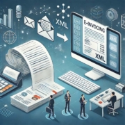 Ilustración de la introducción de las facturas electrónicas, que muestra la transición de las facturas tradicionales en papel a las soluciones digitales en la oficina moderna, incluidos los símbolos para XML, la transferencia de datos y el software de contabilidad.
