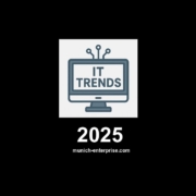 "Icon of a computer screen with the inscription 'IT Trends' and abstracted conductors – symbol of technological developments supplemented by a year."