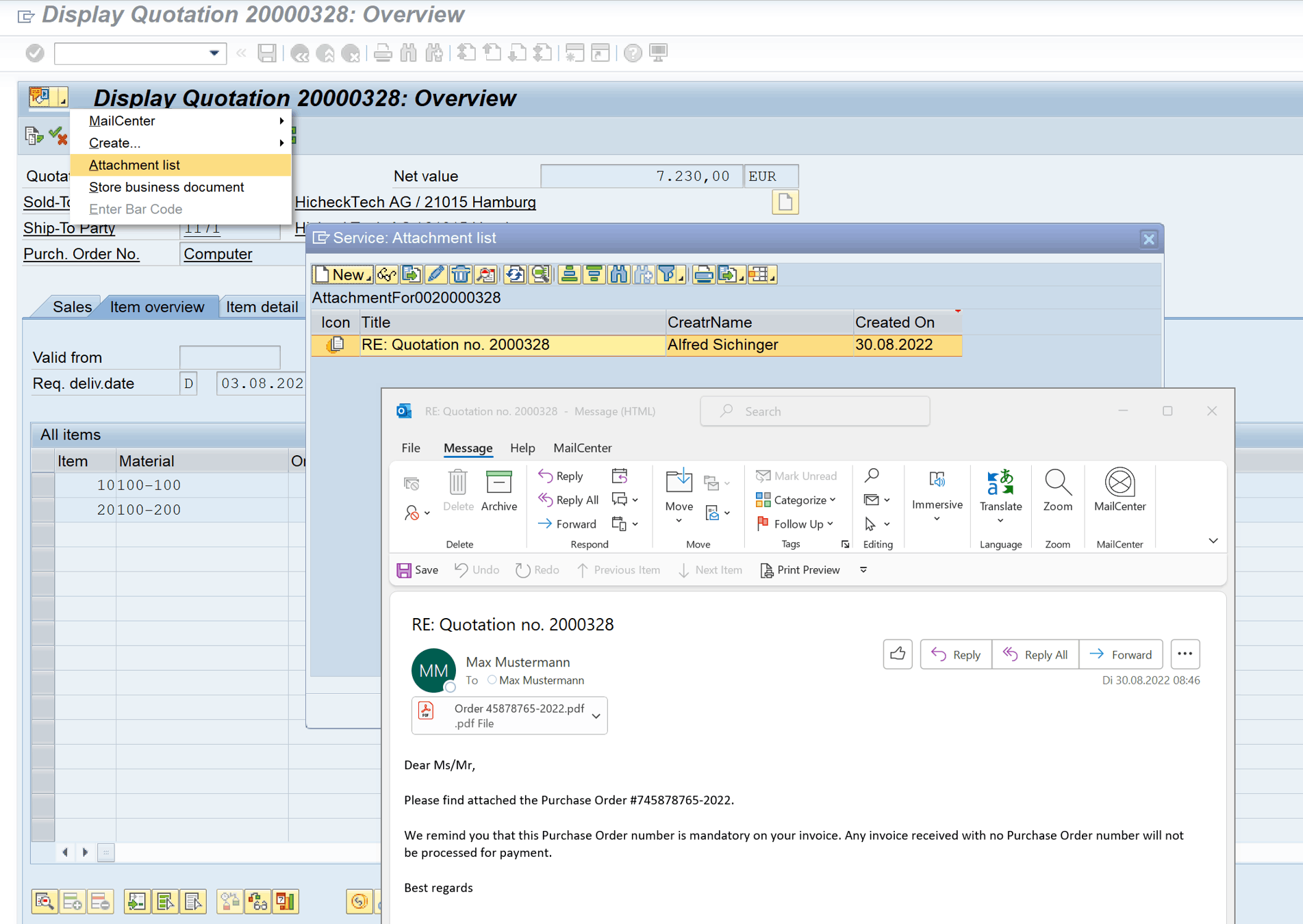 Recibo de SAP Outlook - Recibir informe sobre el pedido