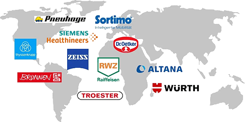 World map with logos of customer companies and their locations, including Siemens Healthineers, Thyssenkrupp, Dr. Oetker, Würth and others