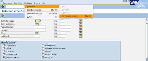 SAP screen shows transaction ME59 for automatic ordering with input fields and selection of variants in the menu.