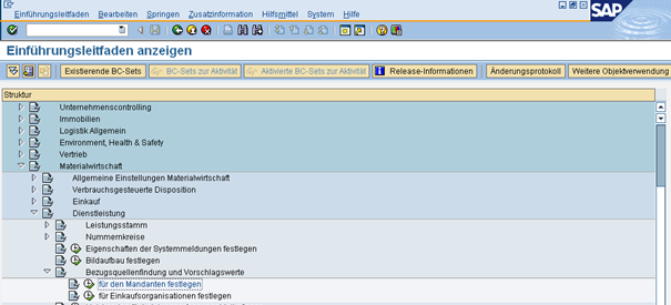 SAP screen shows the implementation guide with a tree structure for materials management and service settings.