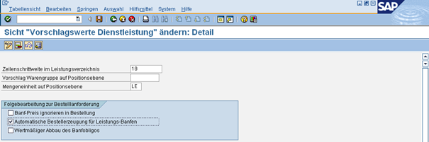 SAP screen for processing default values for services with settings for purchase requisition and item level.