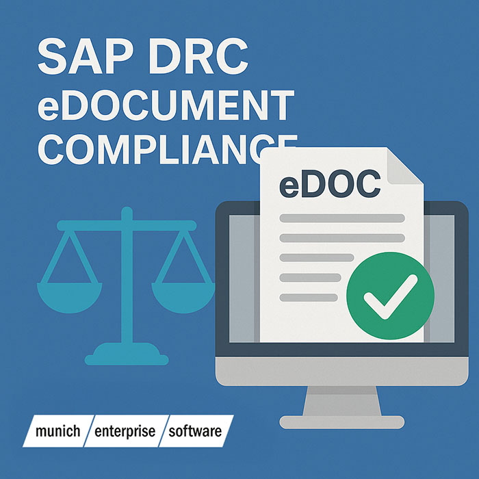 Illustration of SAP DRC eDocument Compliance with computer, eDOC document, check mark symbol, scales and munich enterprise software logo