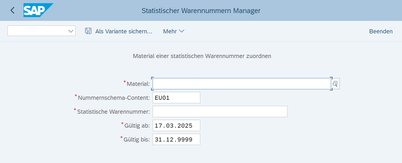 SAP GUI Input Mask for Assigning a Material to a Statistical Commodity Number