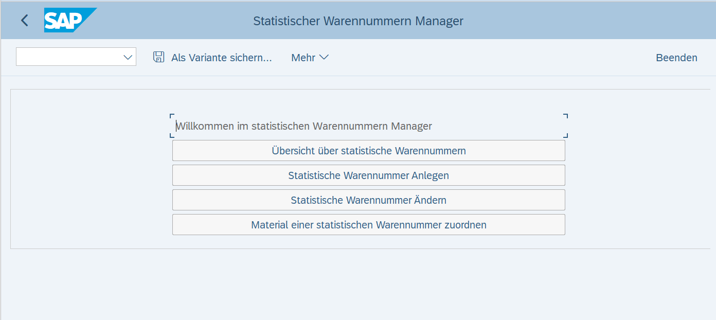 Start screen of the SAP GUI add-on for managing statistical commodity codes