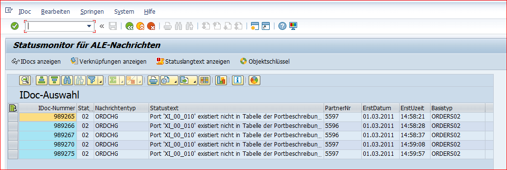 Captura de pantalla de idoc antes de modificar idoCs de selección de SAP