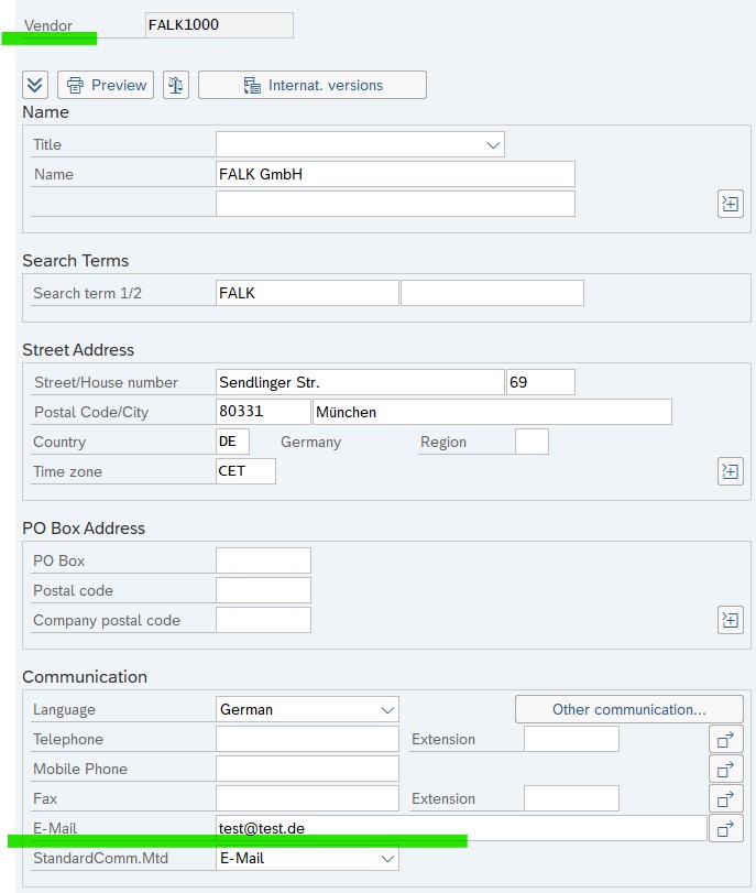 SAP e-mail address supplier