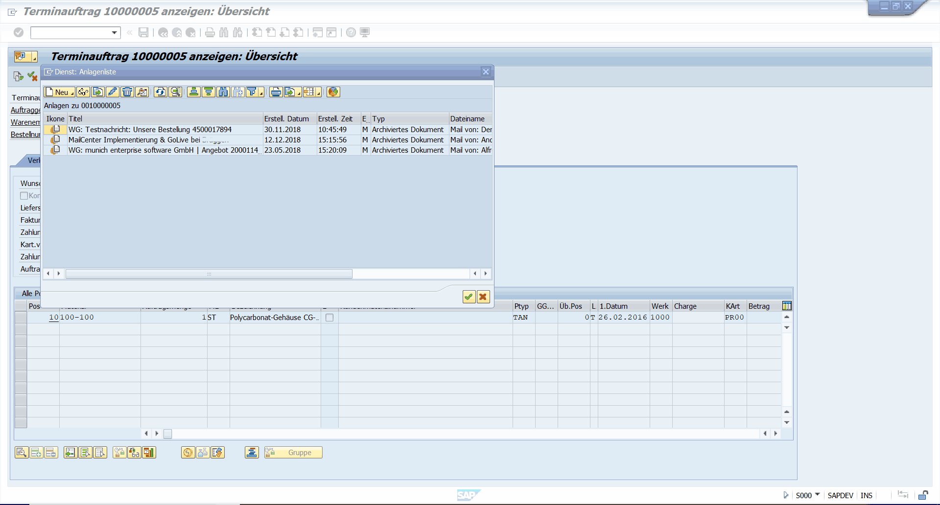 SAP Mail Archivierung - Anlageliste