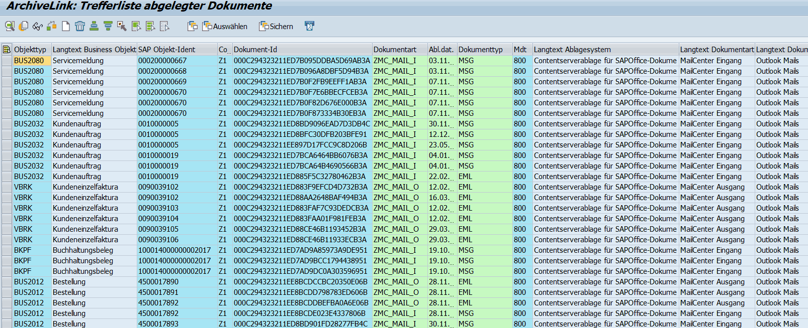 SAP Mail Archivierung - Trefferliste