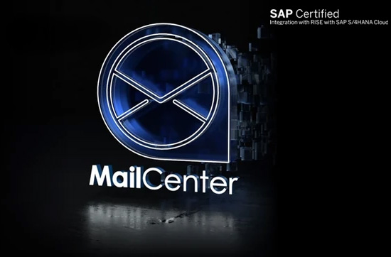 Logo of the SAP-certified MailCenter software with integration into RISE with SAP S/4HANA Cloud, presented in a modern design with a stylized letter symbol.