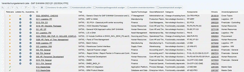 screenshot einer sap s4hana vereinfachungselemente liste 2023 mit modulen komponenten und anwendungsbereichen