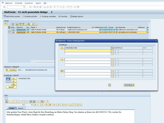 SAP SMS Nachricht editieren Screenshot
