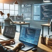entwickler in modernem büro arbeiten mit mehreren bildschirmen und code editoren an sap ui5 projekten in visual studio code und eclipse