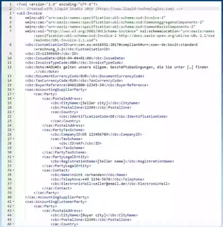 XML code example for an XRechnung with information about the seller, buyer and invoice details in a structured format.  
