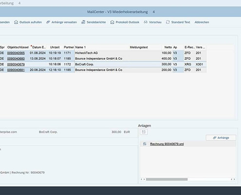 Captura de pantalla del complemento SAP E-Invoice MailCenter Repeat Processing con detalles de facturas y mensajes de diferentes empresas.
